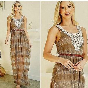 NWT Med A'Reve Striped Net Crocheted Maxi Sundress w/ Crocheted Neckline & Belt